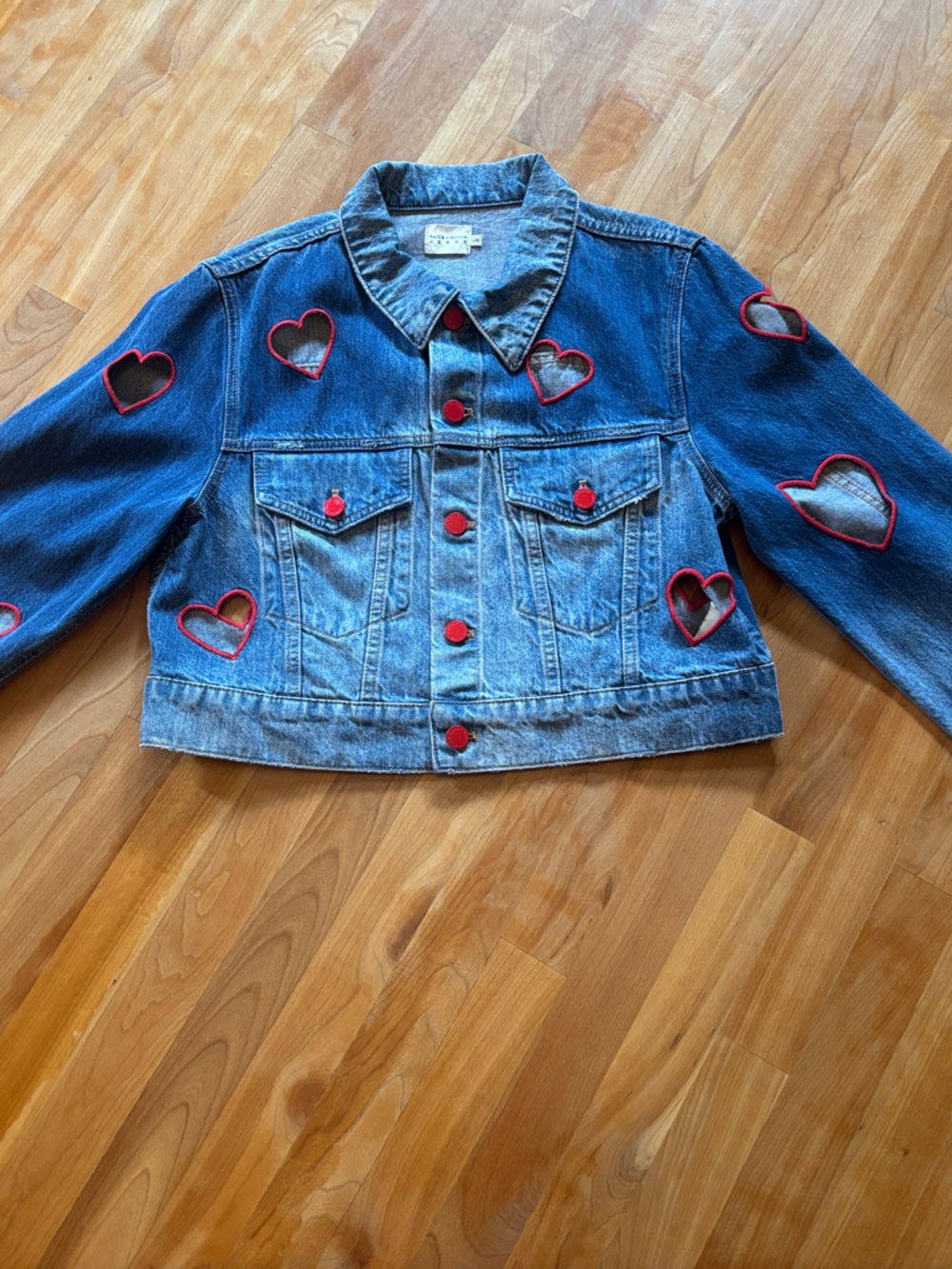 Alice + Olivia Blue Denim Jacket with Red Heart Appliqué Cutouts